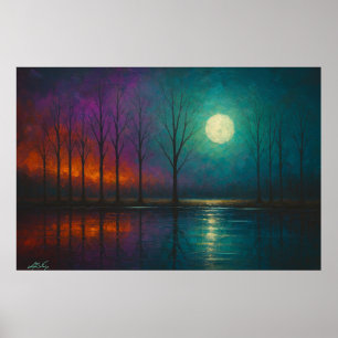 Mondlicht-Mirage: Feuerbäume und Teal-Reflexionen Poster