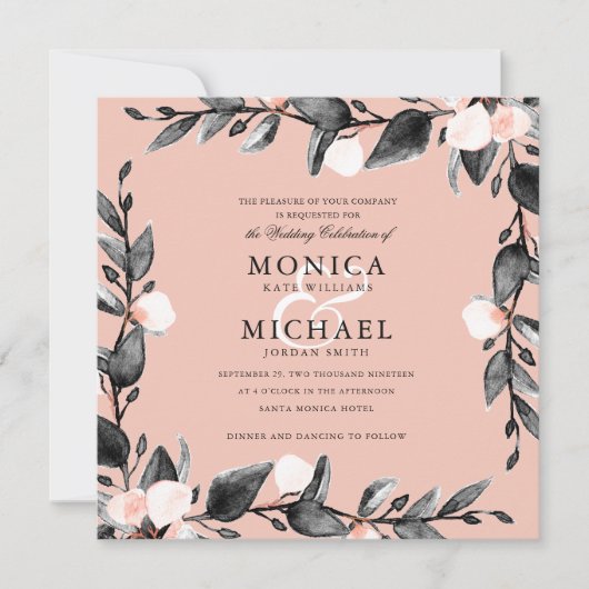 Mondlicht | Modernes botanisches Hochzeitrosa Einladung (Vorderseite)