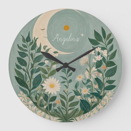 Mondlicht: Pastellblumen und Halbmond Große Wanduhr (Vorderseite)