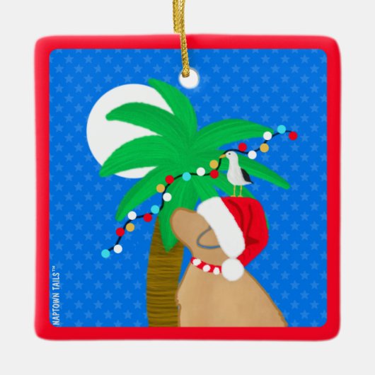 Mondlicht Santa Yellow Dog Trimming Palm Tree Keramikornament (Vorderseite)