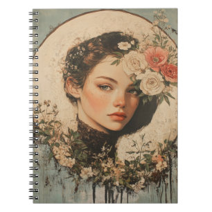 Mondlicht-Schönheit - Frau mit Blume und Vollmond Notizblock