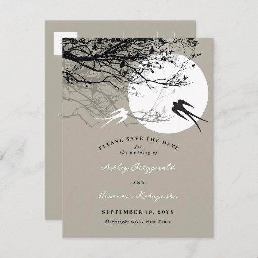 Mondlicht Schwalbe Ash Save the Date Postkarte (Vorne/Hinten)