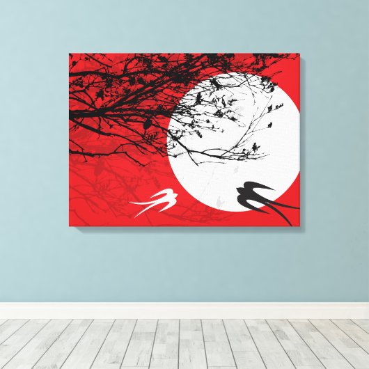 Mondlicht Schwalben Silhouette Rot Wrapped Canvas Leinwanddruck (Insitu (Holzboden))