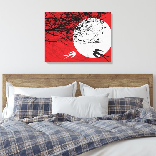 Mondlicht Schwalben Silhouette Rot Wrapped Canvas Leinwanddruck (Insitu (Schlafzimmer))