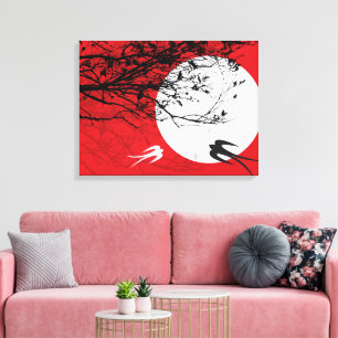 Mondlicht Schwalben Silhouette Rot Wrapped Canvas Leinwanddruck