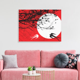 Mondlicht Schwalben Silhouette Rot Wrapped Canvas Leinwanddruck