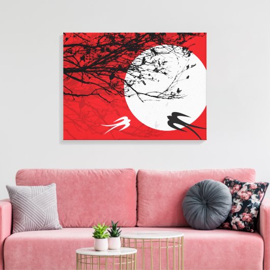 Mondlicht Schwalben Silhouette Rot Wrapped Canvas Leinwanddruck (Insitu (Wohnzimmer))