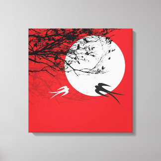 Mondlicht Schwalben Silhouette Rot Wrapped Canvas Leinwanddruck