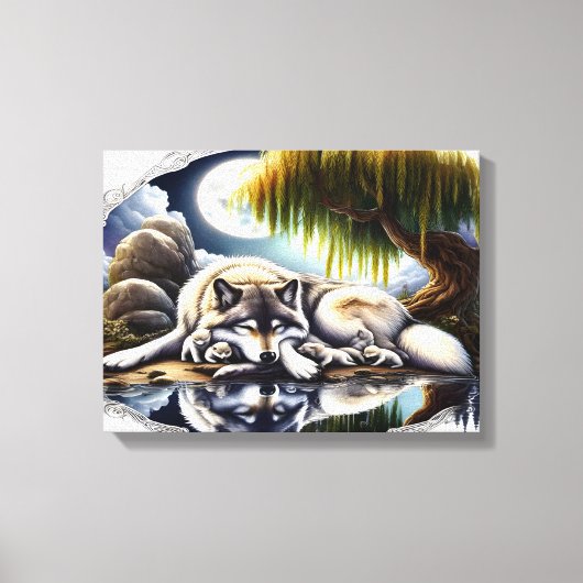 Mondlicht-Stille Ein schlummernder Wolf 16x12 Leinwanddruck (Vorderseite)
