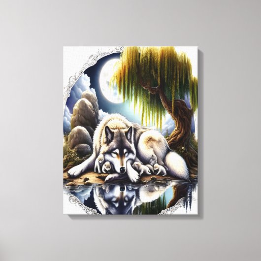 Mondlicht-Stille Ein schlummernder Wolf 16x20 Leinwanddruck (Vorderseite)