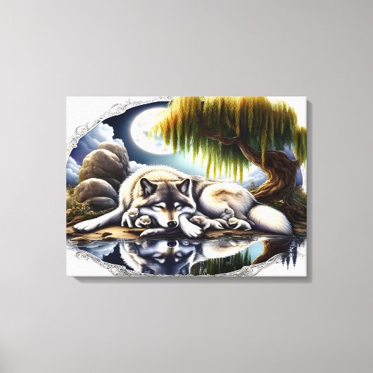 Mondlicht-Stille Ein schlummernder Wolf 24x18 Leinwanddruck (Vorderseite)