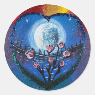 Mondlicht und Blumen - handgefertigtes Kunstwerk Runder Aufkleber