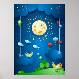 Mondlicht und fliegende Fische Poster