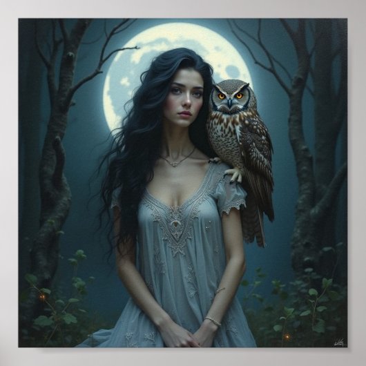 Mondlicht-Wächterin – Fantasy-Frau & Eule Kunstpos Poster (Vorne)