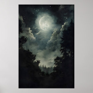 Mondlicht-Wald-Druck, gothische Hexen-Dekoration, Poster