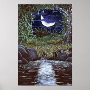 Mondlicht Wasserfall Acrylmalerei Kunstprint Poster
