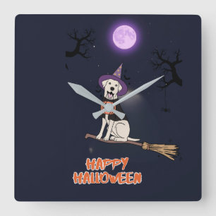 Mondlicht-Welpe – Halloween-Hund im Hexenhut Quadratische Wanduhr