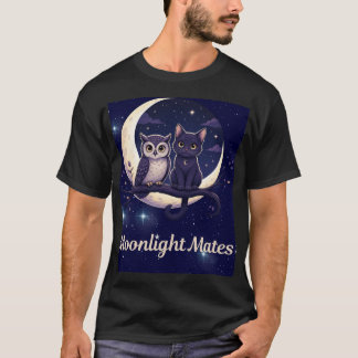 Mondlichtfreunde Süße schwarze Katze und Eule auf T-Shirt