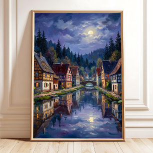Mondnacht Dorf Leinwand Kunst Druck Poster