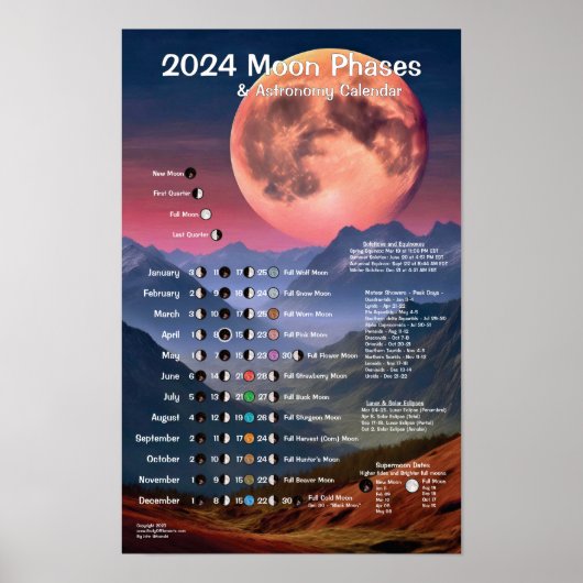 Mondphasen-Astronomie-Kalender 2024 Poster (Vorne)