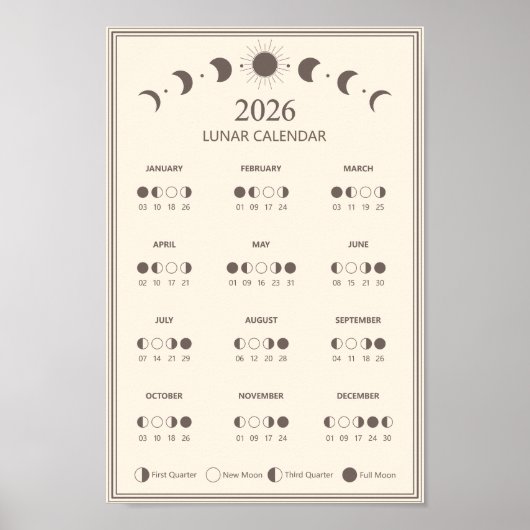 Mondphasen-Kalender 2026 Minimalistisch Poster (Vorne)