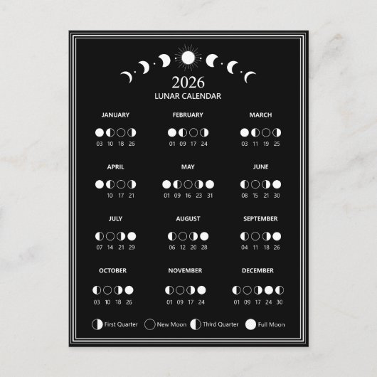 Mondphasen-Kalender 2026 Minimalistisch Postkarte (Vorderseite)