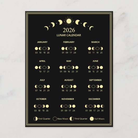 Mondphasen-Kalender 2026 Minimalistisch Postkarte (Vorderseite)