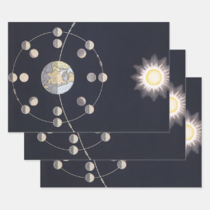 Mondphasen mit Erde & Sonne, Vintage-Astronomie Geschenkpapier Set