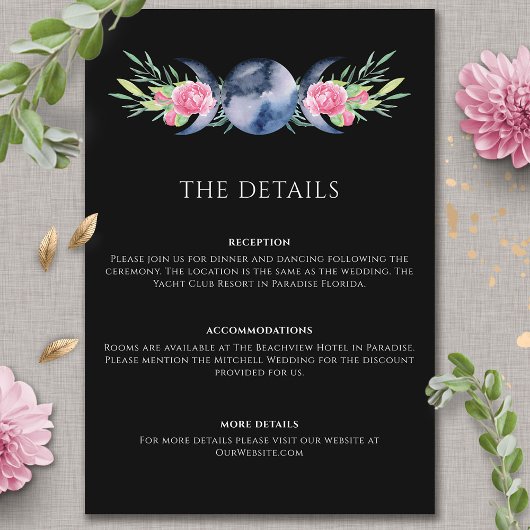 Mondphasen Pink Floral Metaphysische Hochzeit Begleitkarte