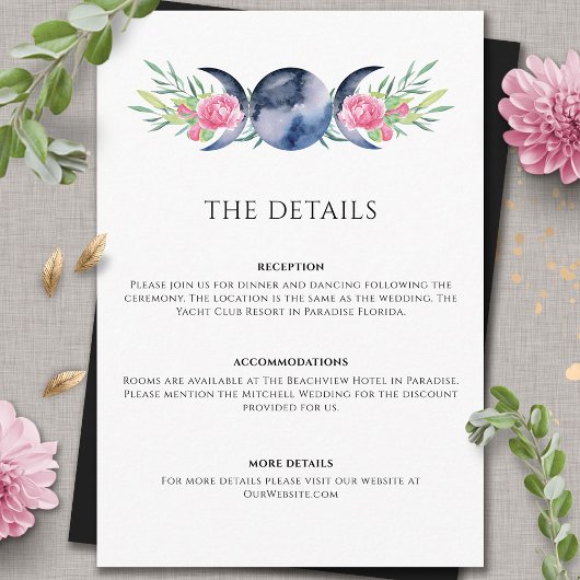 Mondphasen Pink Floral Metaphysische Hochzeit Begleitkarte