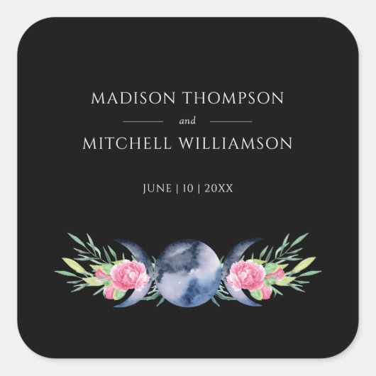 Mondphasen Rosen Blumenrosen Metaphysische Hochzei Quadratischer Aufkleber (Vorderseite)