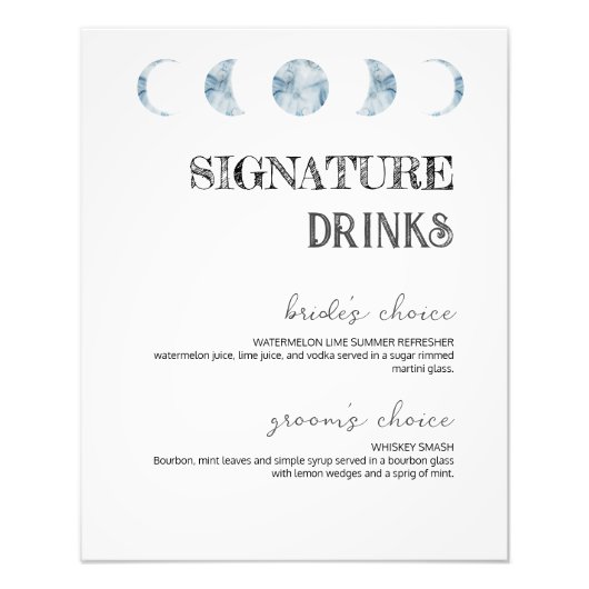 Mondphasen Signature Drinks Hochzeitplakat Bar Fotodruck (Vorne)