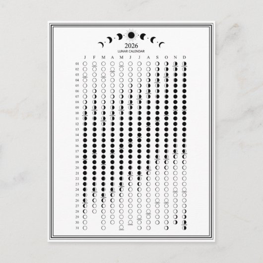 Mondphasen-Zyklen 2026 Minimalistischer Kalender Postkarte (Vorderseite)