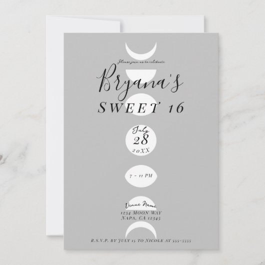 Mondphasen Zyklen Grau und Weiß Süß 16 Einladung (Vorderseite)