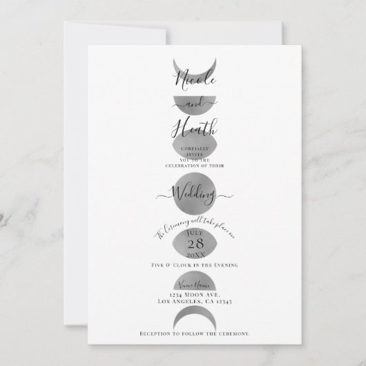 Mondphasen Zyklen Silver Gray & White Wedding Einladung (Vorderseite)
