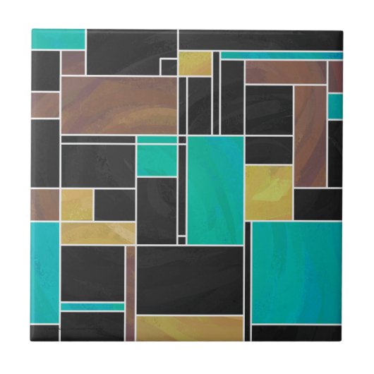 Mondrian Aquamarin Brown Black Print Fliese (Vorderseite)