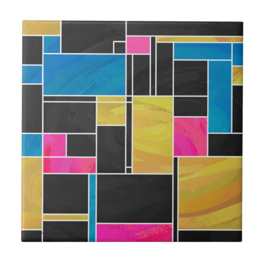 Mondrian Blue Pink Black Print Fliese (Vorderseite)