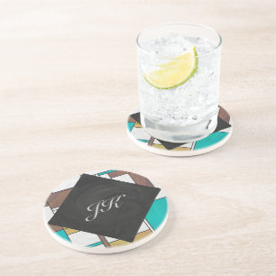 Mondrian Brown Yellow Aquamarin Print Sandstein Untersetzer