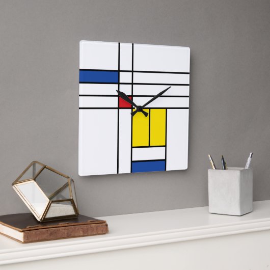 Mondrian II Minimalist De Stijl Modern Art Design Quadratische Wanduhr (Büro)