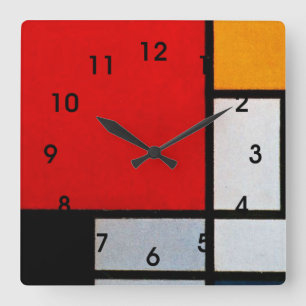 Mondrian - Komposition mit großer roter Fläche Quadratische Wanduhr