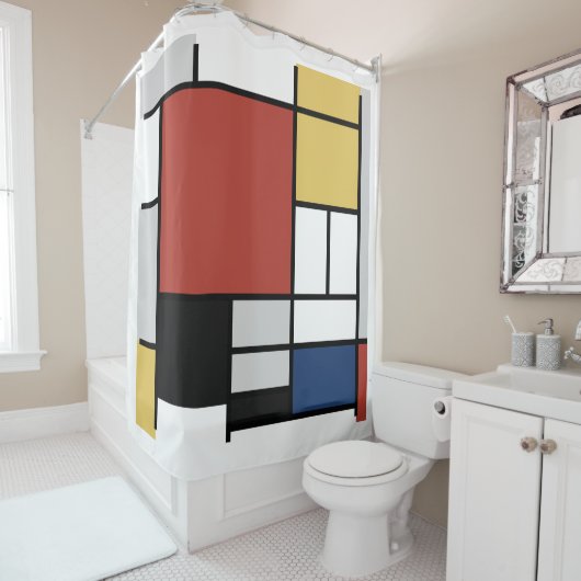 Mondrian Painting Red Flugzeug Yellow Black Gray B Duschvorhang (Beispiel)