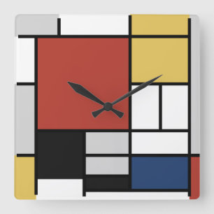 Mondrian Painting Red Flugzeug Yellow Black Gray B Quadratische Wanduhr
