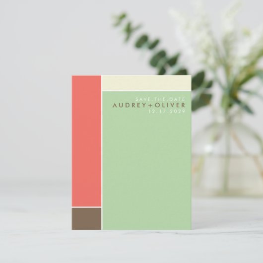 Mondrian Retro Mod Art Save the Date farbenfroh (Stehend Vorderseite)