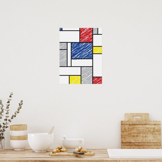 Mondrian Scribbles Minimalist Stijl Modern Art Poster (Küche)