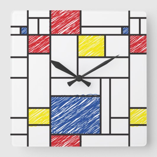 Mondrian Scribbles Minimalist Stijl Modern Art Quadratische Wanduhr (Vorderseite)
