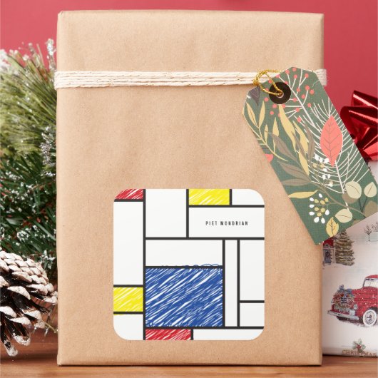 Mondrian Scribbles Minimalist Stijl Modern Art Quadratischer Aufkleber (Feiertag)