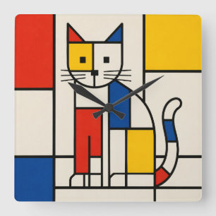 Mondrian-Stil Geometrische Katze Abstrakte Pop-Art Quadratische Wanduhr