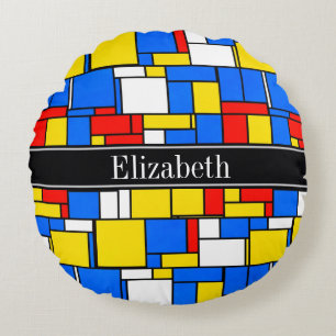 Mondrian Stil Rot Blau Gelb Schwarz Name Monogramm Rundes Kissen