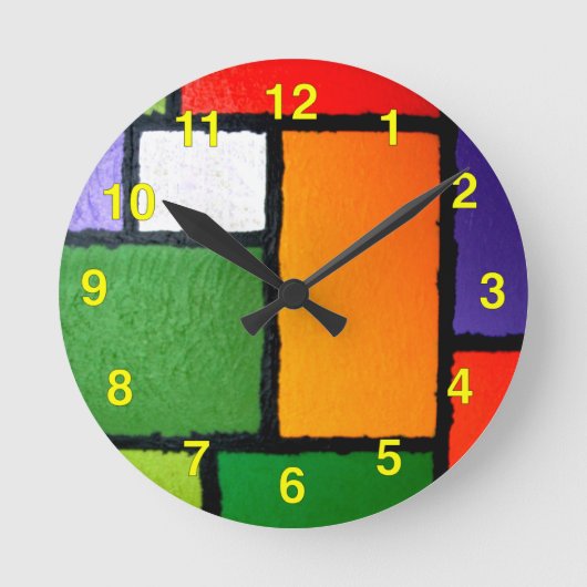 Mondrian Style Orange Green Blue Fuzzy Abstrakt Runde Wanduhr (Vorderseite)