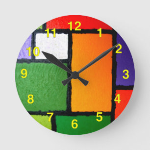 Mondrian Style Orange Green Blue Fuzzy Abstrakt Runde Wanduhr